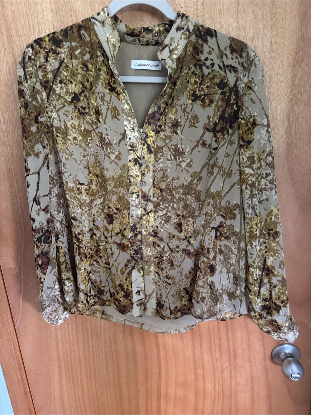Coldwater Creek Olive and Tan Floral Partial Button-Front Top